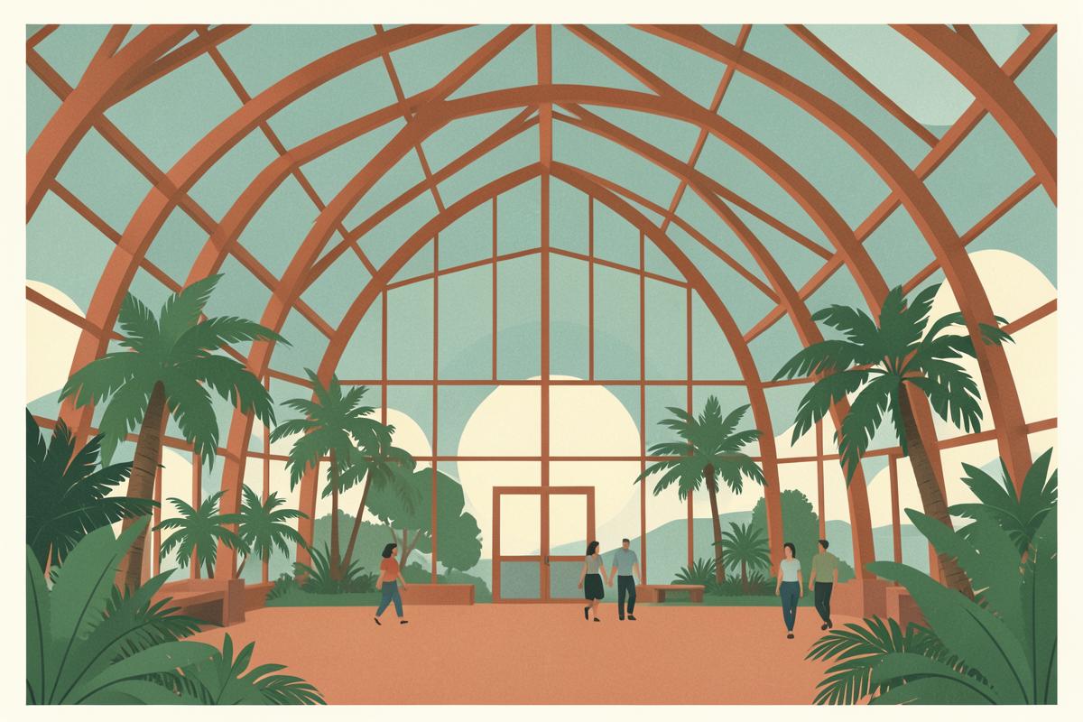 Illustration of the arched timber glasshouse of Sheffield Winter Garden
