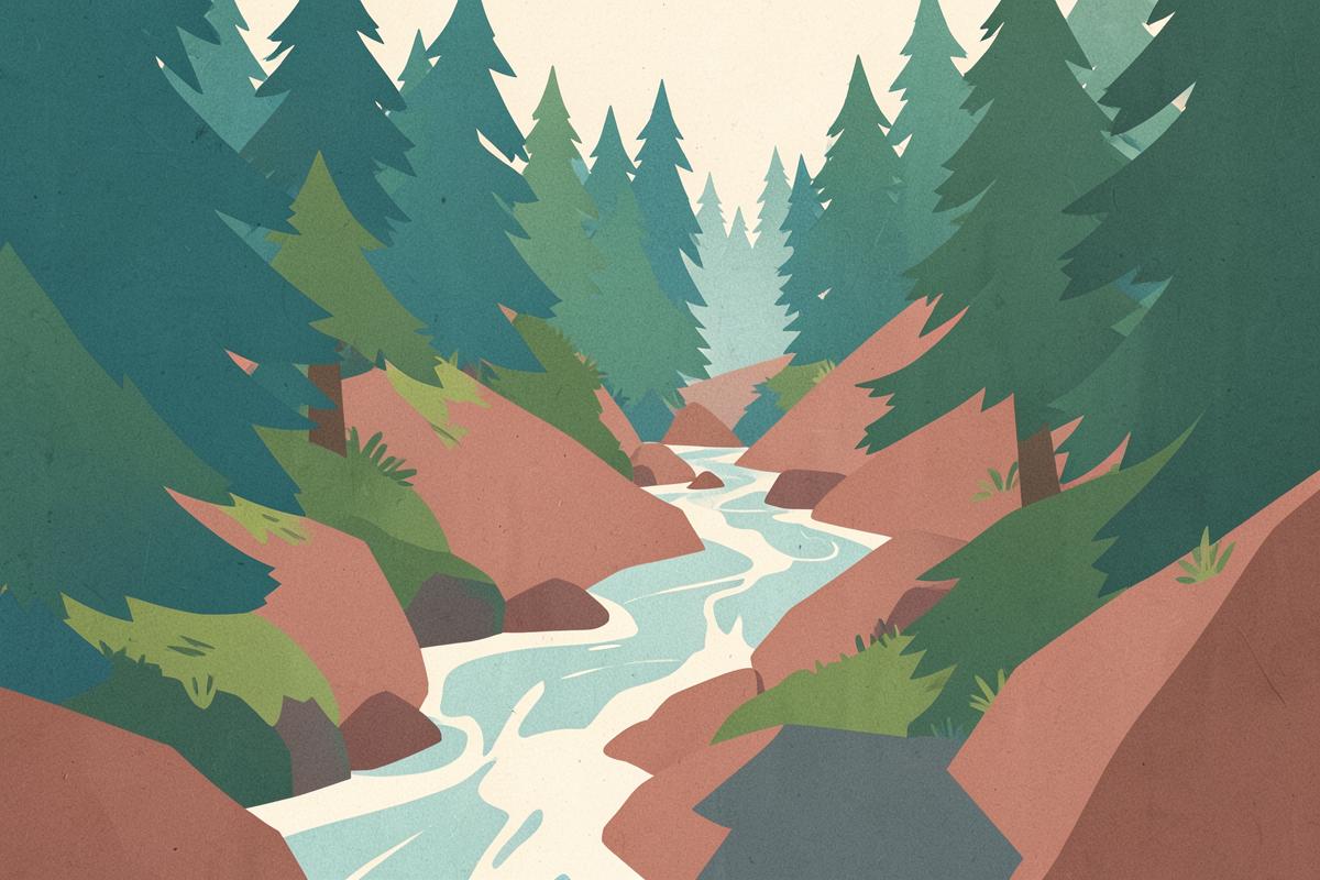 Illustration of a rocky stream falling through dense conifer woodland