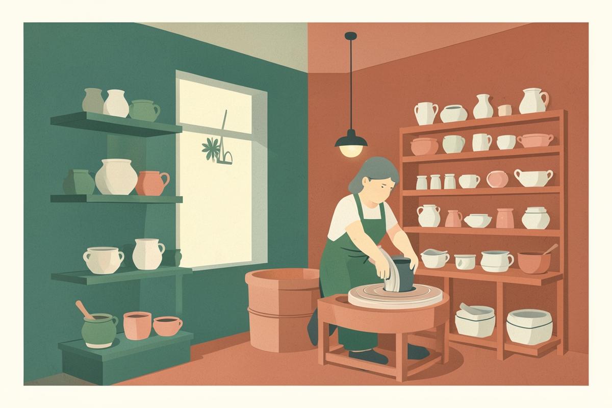 Illustration of an artist's studio building with makers at work
