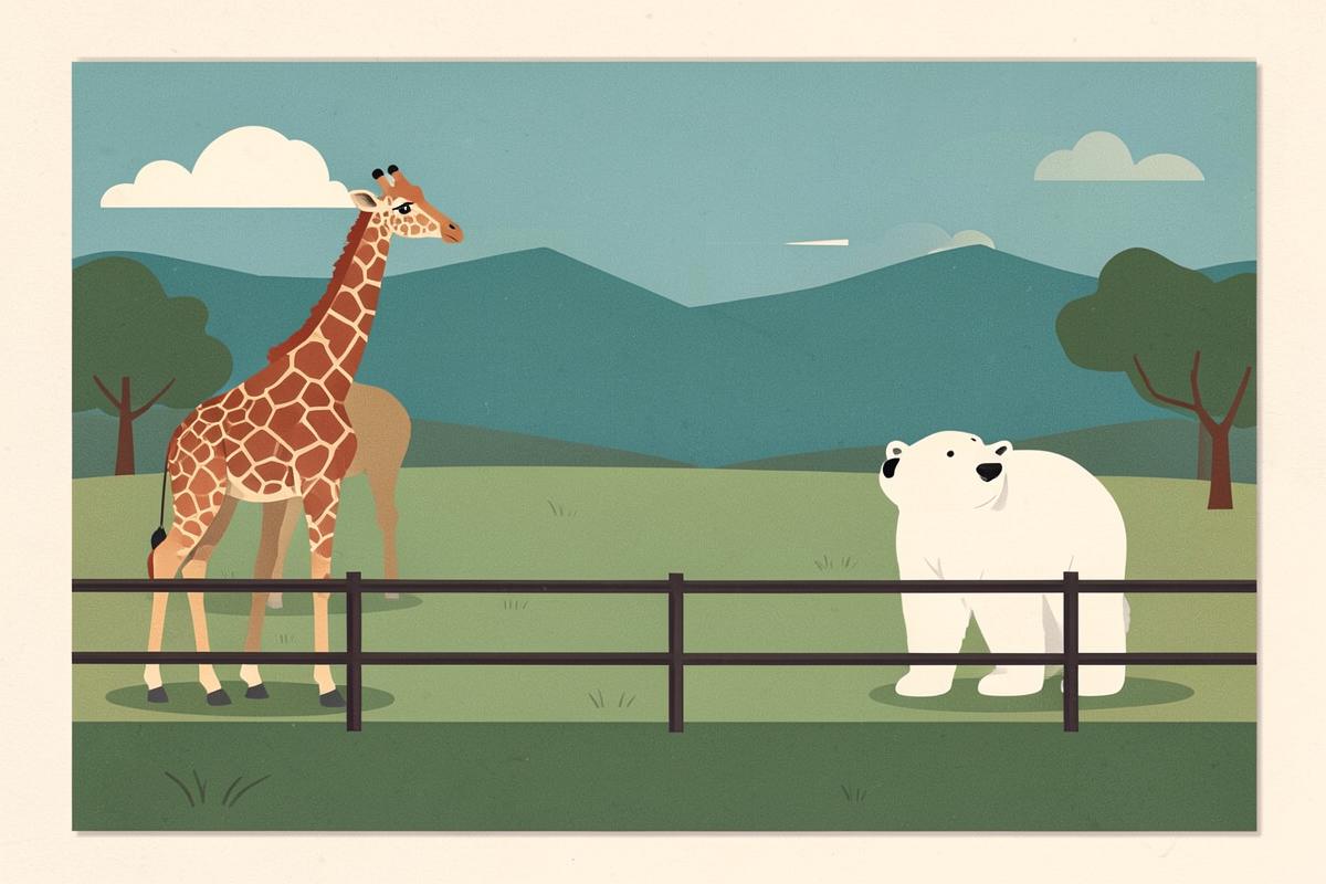 Illustration of a wildlife park with polar bears and giraffes in large reserves